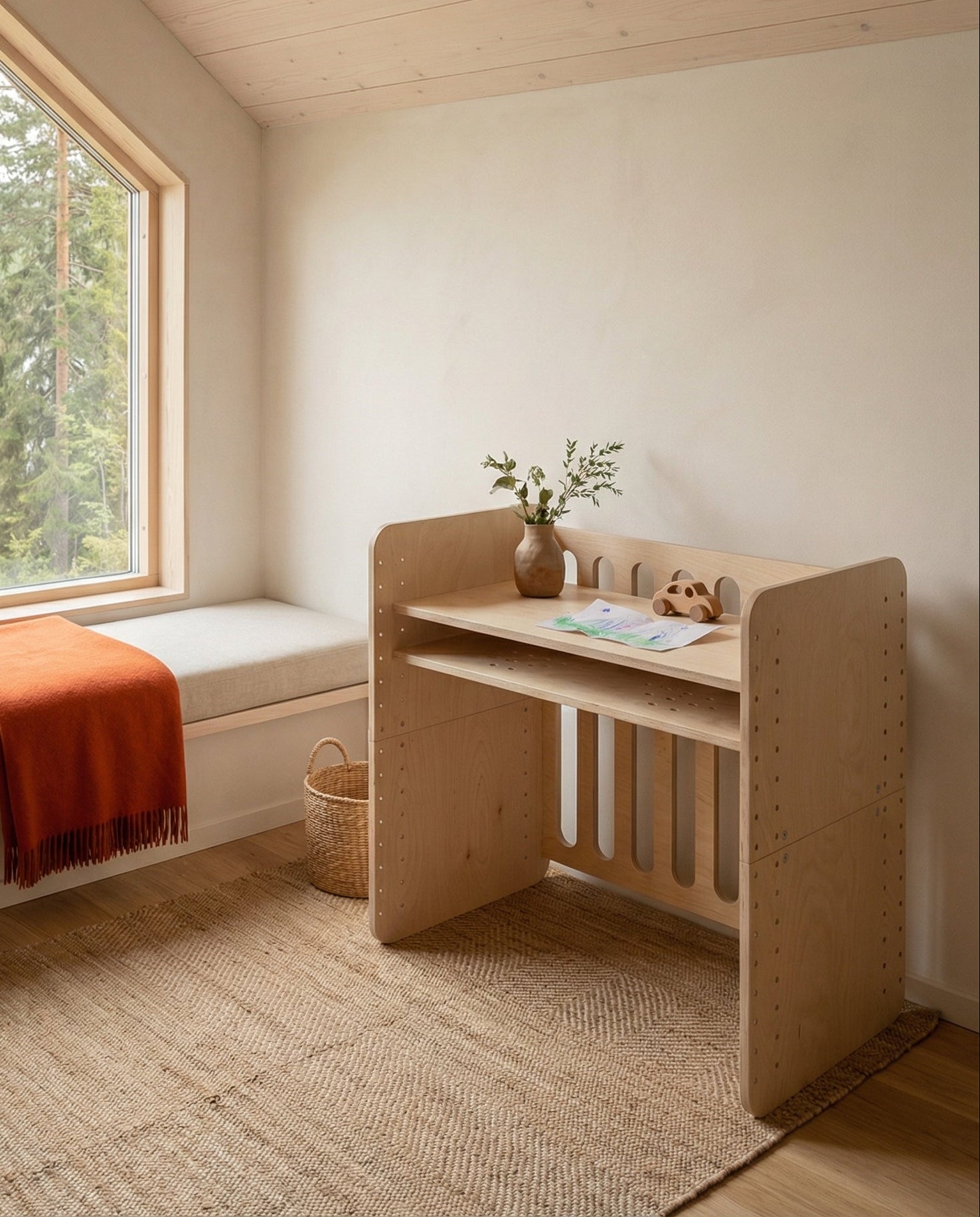 Nestled corner with a wooden desk, cushioned bench, and large window overlooking a forest.